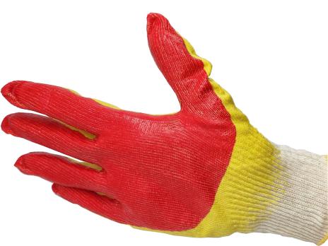 Перчатки х/б с двойным латексным обливом красно-желтые