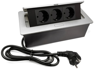 Настольный бокс на 3 розетки 26x12x7 см, шнур 1,5м, серебристый