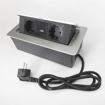 Настольный бокс на 2 розетки с USB+Type-C 26x12x7 см, шнур 1,5м, серебристый 