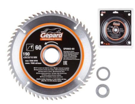 Диск пильный 190х30/20/16 мм 60 зуб. по дереву GEPARD (твердоспл. зуб)